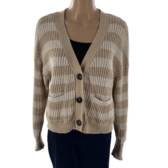 Evereve Oatmeal Striped Tan Kiki Cardigan Sweater - Picture 4 of 12